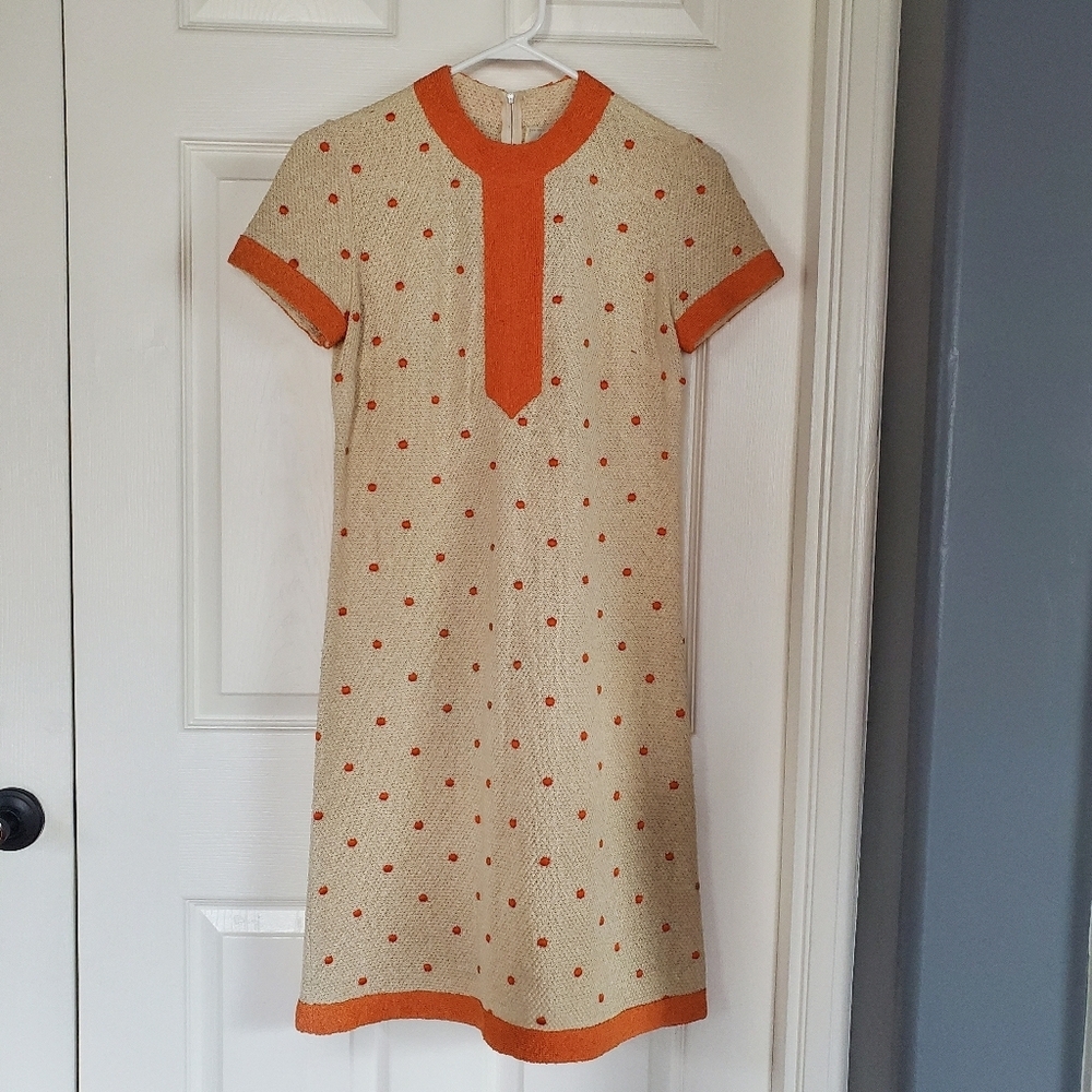 Vintage Cabot Linen‎ Wool Blend Midi Dress Short Sleeves Shift Cream Orange Dots